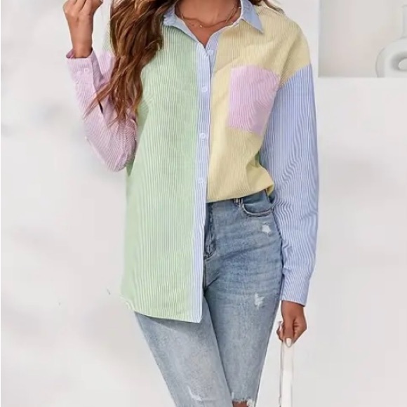 Long Sleeve Striped Print Color Block Shirt, Large - Picture 2 of 4